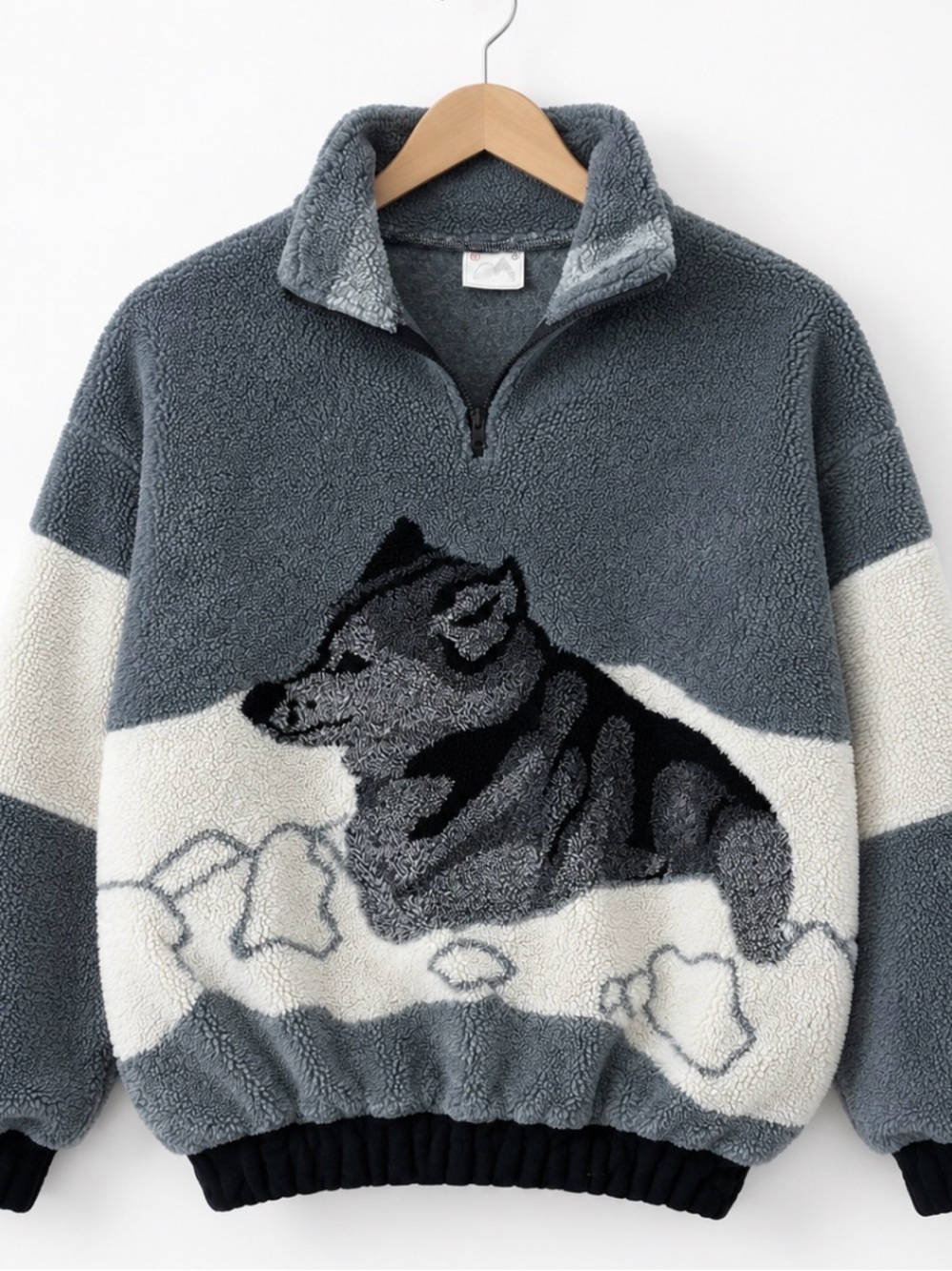 Vintage Gray Sherpa Zip-Up Sweater with Husky Graphic